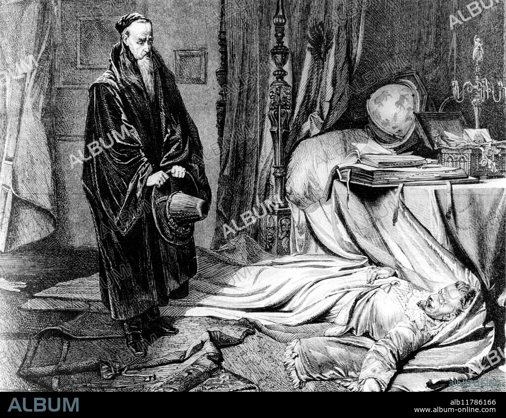 Astrology : The astrologer Seni contemplates the murdered Duke , Wallenstein . Engraving by J .D . Cooper , after a drawing by W . J . Allen 1865 .