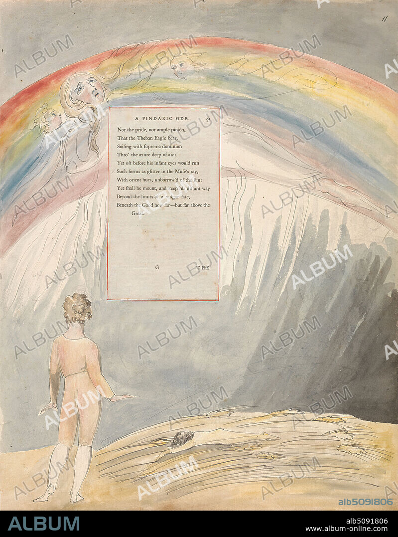 The Poems of Thomas Gray, Design 51, 'The Progress of Poesy.', William Blake, 17571827, British, between 1797 and 1798, Watercolor with pen and black ink and graphite on moderately thick, slightly textured, cream wove paper with inlaid letterpress page, Sheet: 16 1/2 x 12 3/4 inches (41.9 x 32.4 cm), angels, boy, children, literary theme, lyre, men, meteorology, rainbow, religious and mythological subject, science, text, women.