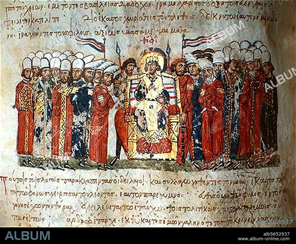 Theophilos, Byzantine Emperor. (829-42); died 20.1.842. -Emperor Theophilos announces a decree. next to the throne bodyguards and court officials.- Illumination, Byzantine, 2nd half 13th century. From: Chronicle of the historian Johannes Skylitzes; fol. 42 v. Madrid, Biblioteca Nacional.