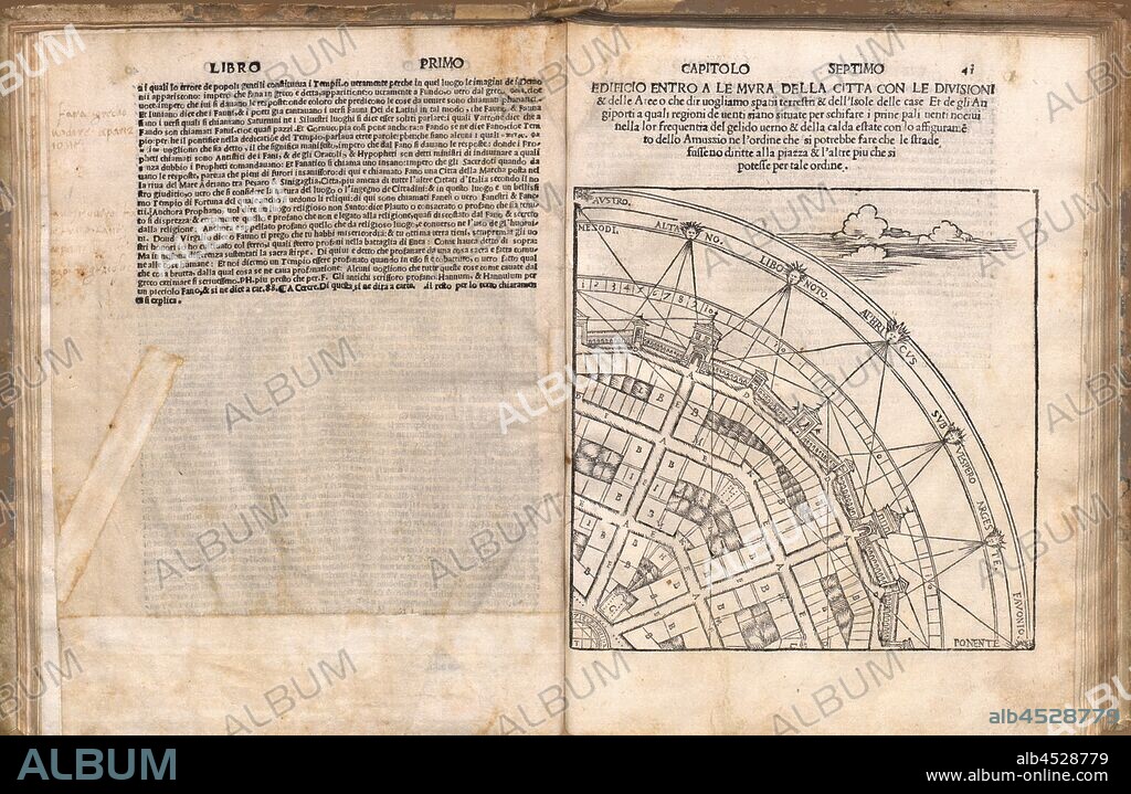 Building within the city walls with divisions, Floor plan of a city divided into divisions, Fig. 3, p. 40v & 41r, 1536, Giovanni Battista Caporali: Archittetura, con il suo commento et figure. Vetruvio in volgar lingua raportato per Gianbatista Caporali. Libro primo. Perugia: Bigazzini, [1536].