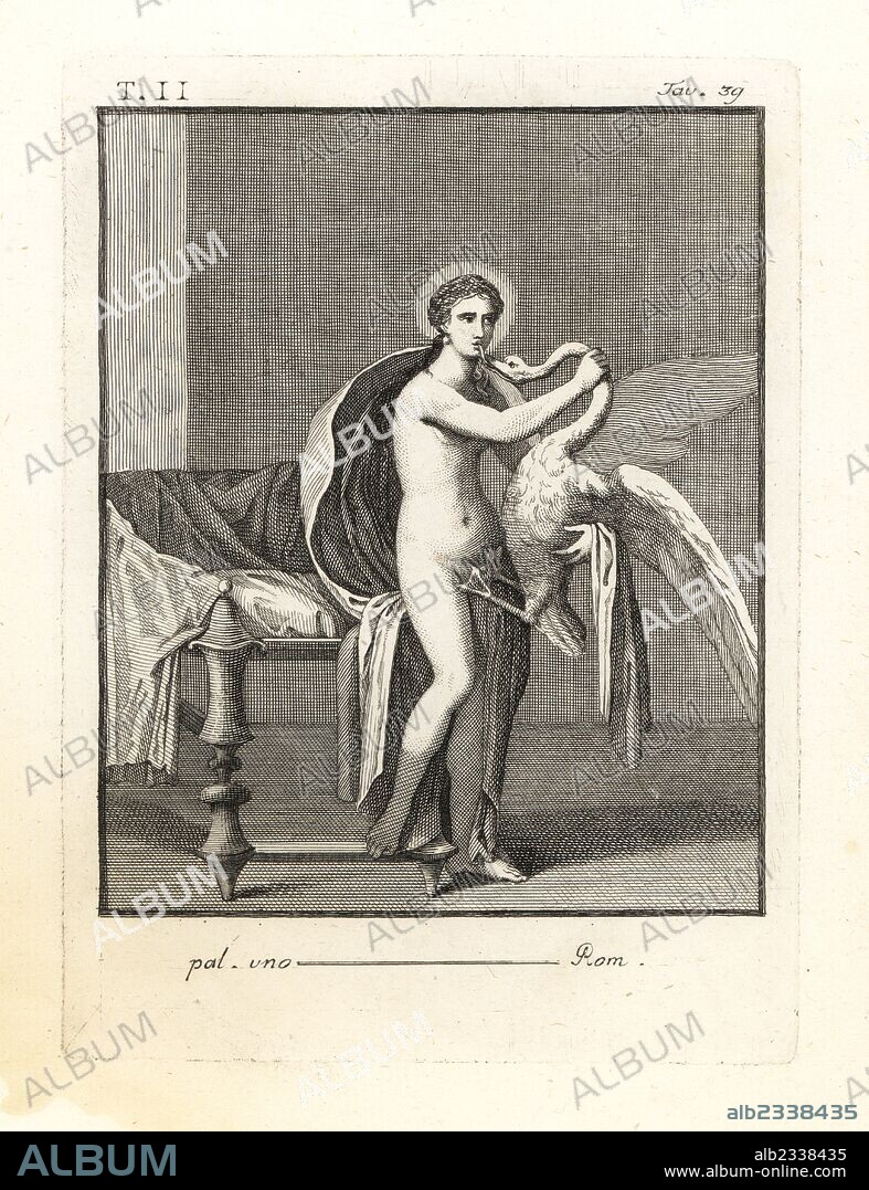 Leda, wife of Tyndareus, surprised by Zeus or Jupiter transformed into a swan. Or the goddess Nemesis and the father of gods from Hyginus' fables. Copperplate engraving by Tommaso Piroli from his Antiquities of Herculaneum (Antichita di Ercolano), Rome, 1789.
