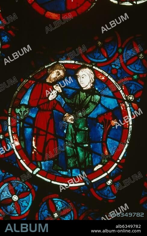 Astronomie / Zodiaque :. "Gémeaux". Vitrail, 1ère moitié du 13ème siècle . Détail de la rosace ouest. Notre-Dame de Paris.