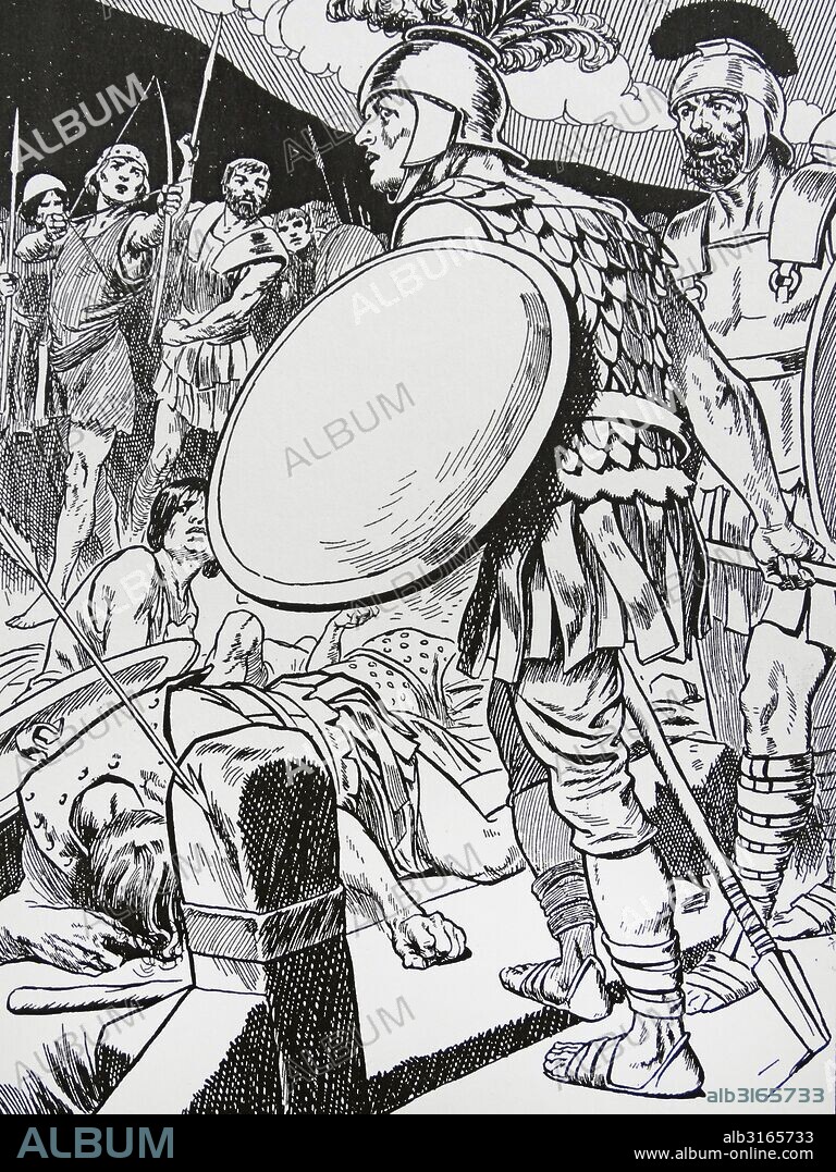 Publius HORATIUS Cocles (530-500 BC) holding the bridge over the Tiber into Rome against Lars Porsena's army (505 BC).