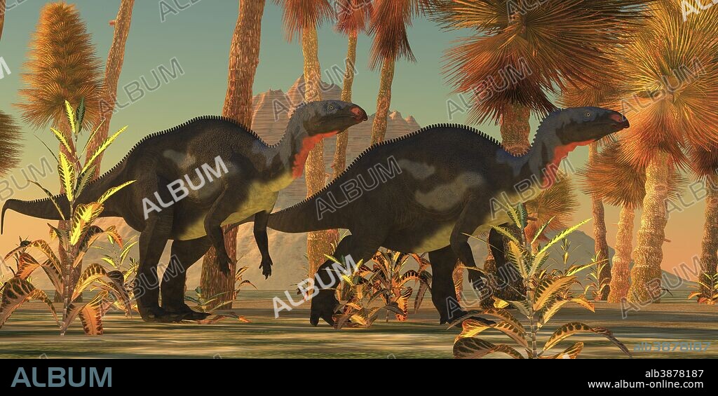 Two Camptosaurus dinosaurs wander through a prehistoric jungle environment.