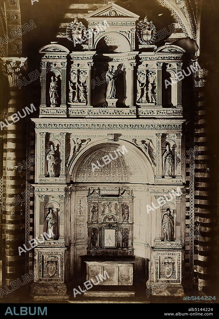 Paolo Lombardi, The Piccolomini Altar in the Cathedral of Siena, albumin paper, black and white positive process, sheet size: height: 34,20 cm; width: 24,50 cm, stamp engraving, blind stamp: Cav. Paolo Lombardi, Siena, Fotografo, inscribed: recto on the cardboard: U. Furina u. A. Bregno, altar Piccolomini, di by Michelangelo, Siena, altar, sculpture, sculpture, sculpture art, church interior.