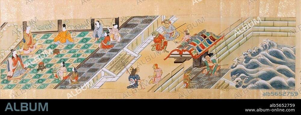 Japanisch, 17. Jahrhundert. Die Schildkröte verwandelt sich in eine wunderschöne Prinzessin. Illustration zu dem Kindermärchen "Die Legende vom jungen Fischer Wrashima Taro". Ausschnitt aus einer Bildrolle. Japonais 4169 peint, Paris, Bibliothèque Nationale.