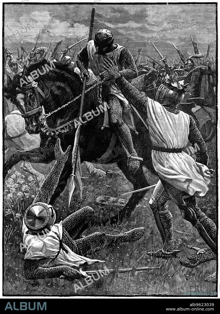 The Battle of Evesham, 4 August 1265, (c1880). Evesham marked the end of the Second Barons' War. Royalist forces led by Prince Edward (Edward I) defeated Simon de Montfort (c1208-1265) who was slain in the battle. Here Henry III (1207-1272) who had been Montfort's prisoner, stumbles through the battle wounded and confused.