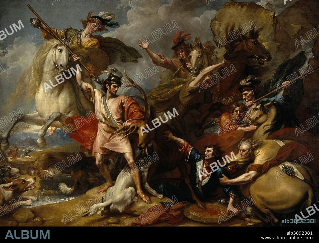 BENJAMIN WEST. Alexander III of Scotland Rescued from the Fury of a Stag by the Intrepidity of Colin Fitzgerald ('The Death of the Stag'). Date/Period: 1786. Painting. Oil on canvas. Height: 3,660 mm (12 ft); Width: 5,210 mm (17.09 ft).