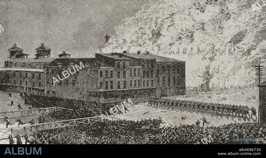 Historia de los Estados Unidos. Siglo XIX. Motín de Cincinnati. Protestas que tuvieron lugar en la ciudad entre el 28 y 30 de marzo de 1884, con motivo de la condena a veinte años de trabajos forzados a un asesino llamado William Berner, considerada insuficiente por parte de la ciudadanía. Tropas de la Guardia Nacional de Ohio rechazando a los sublevados durante el incendio del palacio de justicia. Grabado. La ilustración. Revista hispano-americana, 1884.