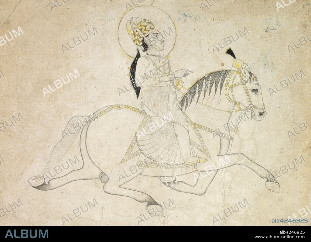 Jai Singh III of Jaipur (r. 1818-1835) Riding, c. 1820. India, Rajasthan, Jaipur, 19th century. Color on paper; overall: 10 x 14.3 cm (3 15/16 x 5 5/8 in.).