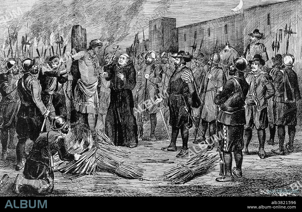 Engraving depicting the execution of Atahualpa, the last sovereign emperor of the the Inca Empire, by Spanish conquistadors. Atahualpa (1497-1533), the last sovereign emperor of the the Inca Empire prior to the Spanish conquest of Peru. During this conquest, the Spaniard Francisco Pizarro captured Atahualpa and used him to control the Inca empire. The Spanish saw Atahualpa as too much of a liability and decided to execute him. Pizarro staged a mock trial and found Atahualpa guilty of revolting against the Spanish, practicing idolatry, and murdering Huascar, his brother.
