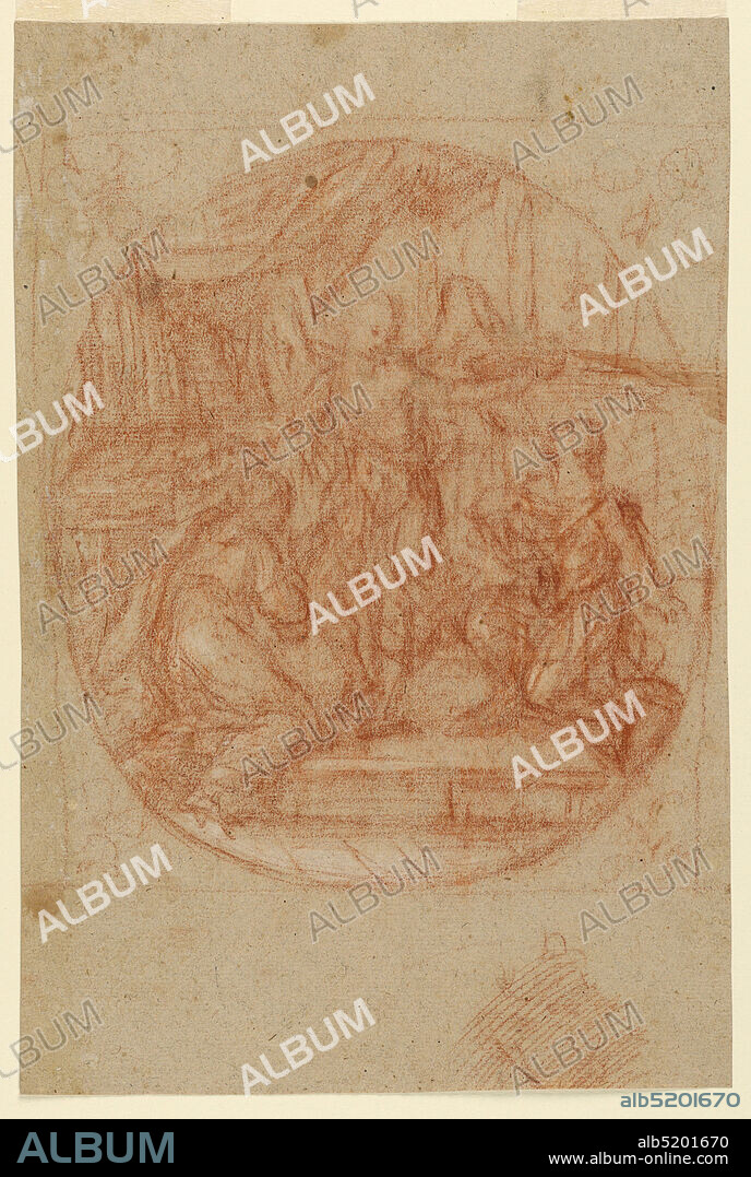 Angel Crowning a Couple, Red crayon, white heightening on paper, Recto: Ovoid frame with scene of angel extending arms above a kneeling couple. Verso: The angel is flying toward right. The feet, parts of the arms and of the chest are shown; the wings and the head are slightly sketched., Italy, 17801800, figures, Drawing, Drawing.