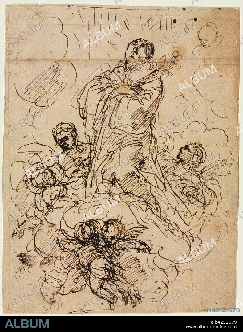 Apotheosis of a Saint, c. 1700?. Attributed to Antonio Domenico Gabbiani (Italian, 1652-1726). Pen and brown ink (iron gall) with graphite (architectural element); sheet: 22.1 x 16.7 cm (8 11/16 x 6 9/16 in.); secondary support: 22.1 x 16.7 cm (8 11/16 x 6 9/16 in.).