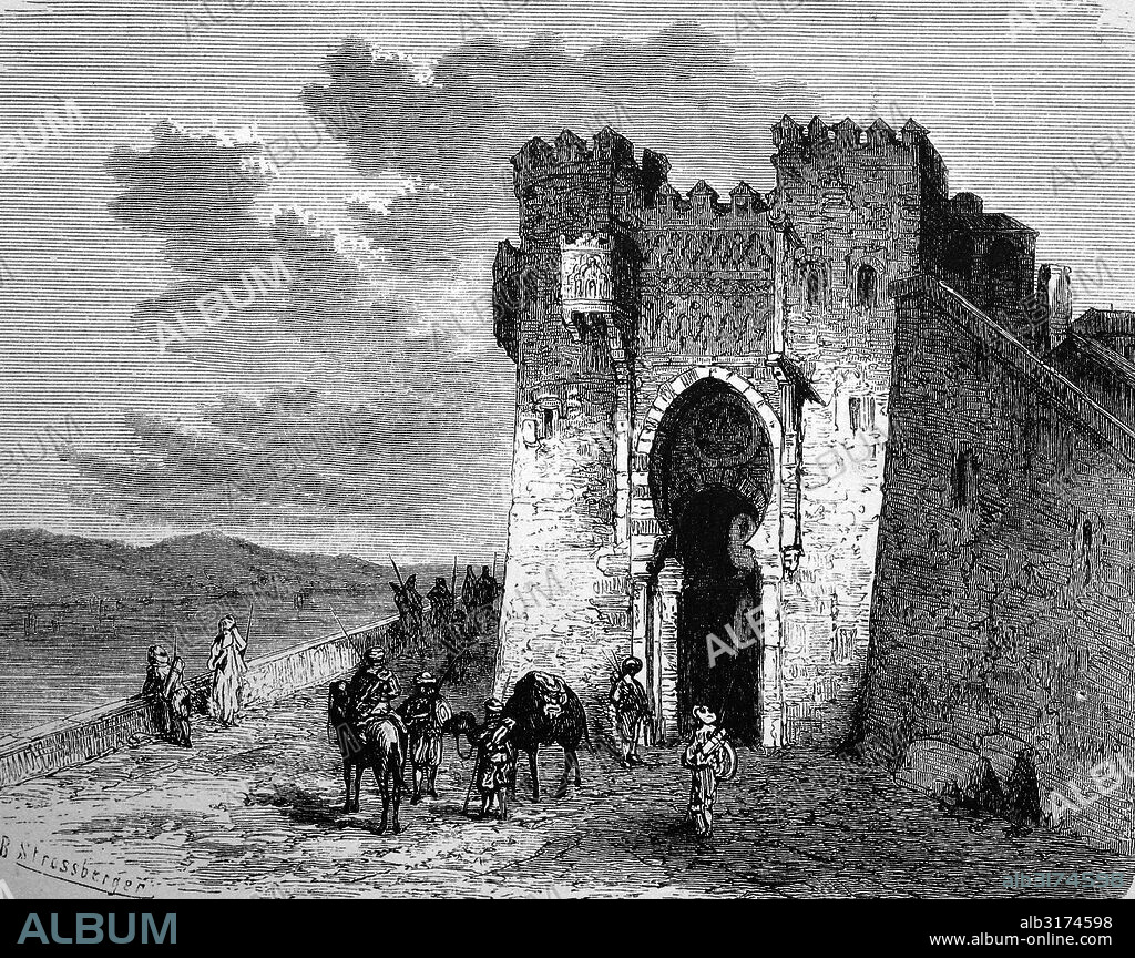 Puerta del sol in toledo, spain, historical woodcut, 1870.