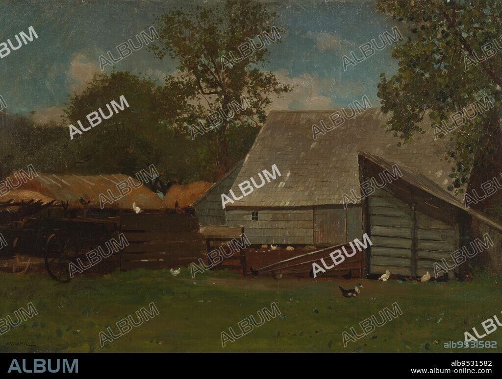 WINSLOW HOMER. Horizontal view of a barn with a lean-to shed; to left, are two hay-ricks and a farm wagon. Chickens and ducks on fences and in grass, toward foreground; leafy trees surrounding, in background. Date: 1872-73. Brush and oil paint on canvas.