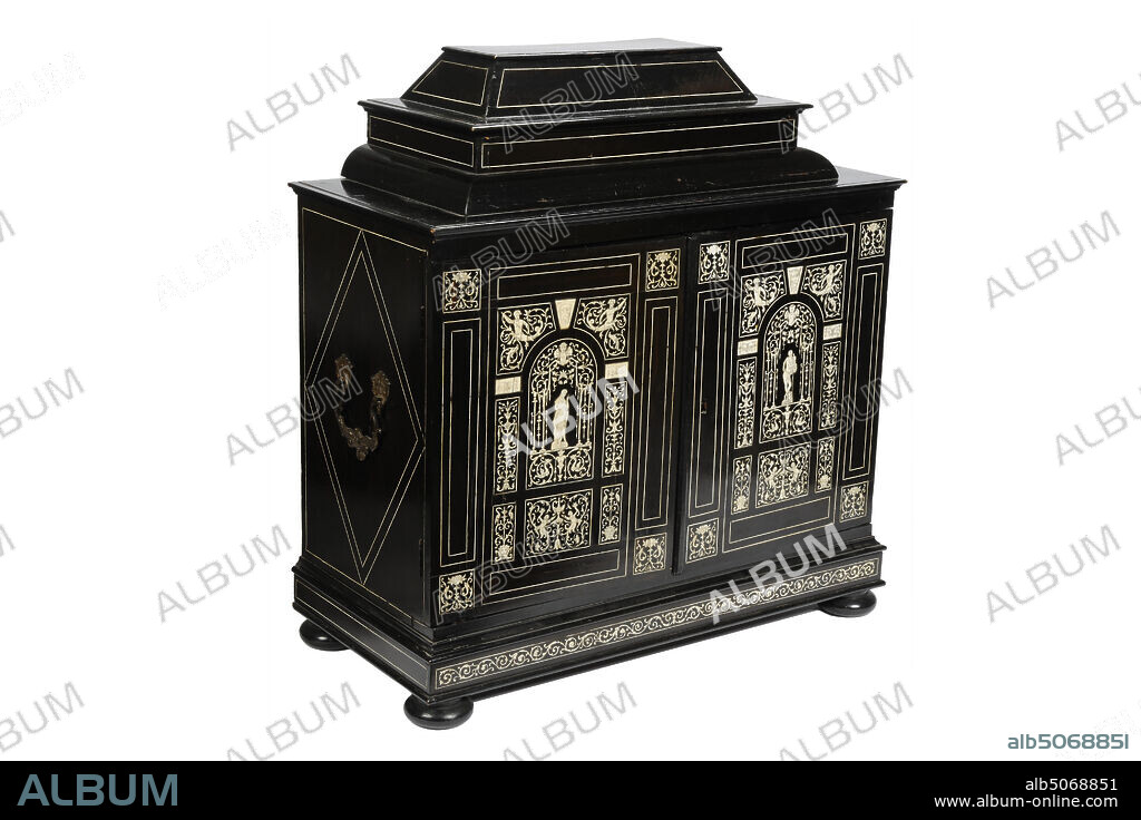 cabinet cupboard furniture, Anonymous, late 17th century, ebony, ivory, iron, spruce, General: 68.5 x 66.4 x 31.6cm 685 x 664 x 316mm, mythology, Germany, Art cabinet of spruce veneer with ebony and inlaid with ivory . The cabinet consists of a cabinet on a plinth with ball feet and a pillow-shaped lid on top. The cabinet is inlaid on the outside with a geometric pattern of ivory. The doors are inlaid both inside and out with a fine arcuate symmetrical Baroque decor filled with arabesques, birds, dolphins, fruit, mythological creatures and gods and goddesses. Black in white on the inside and white in black on the outside. Gilded iron handles are mounted on either side of the case, constructed from a long-winged putto hinged to two heads of mythological creatures. The interior is apparently divided into ten drawers around a central square door. The drawers are inlaid with arabesques and have a pull ring formed by two dolphins and a scallop shell, in the mouth of a lion's head. The bottom three drawer fronts mask one drawer over the entire width of the cabinet. The door in the center is inlaid with an arcuate pattern of arabesques, birds and deer with the goddess Diana in the center. There is an empty space behind the door. Under the hinged roof is a rectangular box without decorations. The drawers are covered with orange and brown cloudy paper on the inside, 1939.