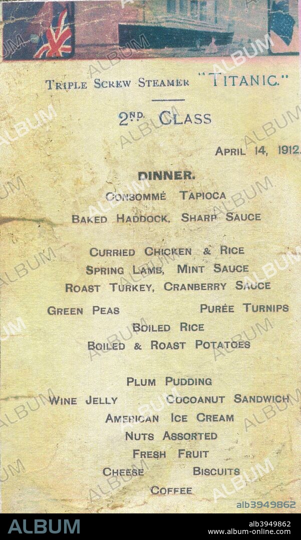 'Titanic - 2nd Class Dinner Menu', 1912. A 2nd Class dinner menu from RMS Titanic dated April 14, 1912. This was the date that Titanic struck the iceburg that caused her to sink. She was the largest and most luxurious ocean liner of her time, and thought to be unsinkable. In the collision five of her watertight compartments were compromised and she sank. Out of the 2228 people on board, only 705 survived. A major cause of the loss of life was the insufficient number of lifeboats she carried.