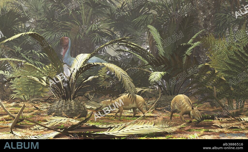 Propalaeotherium used to be called Eohippus. An early relative of the horse.. . There are a few species of these small and early horse relatives. They ranged in size from a foot high at the shoulder (35cm) to about two feet high at the shoulder (60cm). In the background is Gastornis, a large flightless bird that was about 6-7 feet tall (1.8-2.1 M). Luckily for the dawn horse, this bird is a vegetarian.