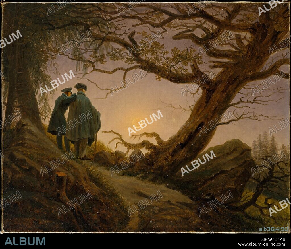 Two Men Contemplating the Moon. Artist: Caspar David Friedrich (German, Greifswald 1774-1840 Dresden). Dimensions: 13 3/4 x 17 1/4 in. (34.9 x 43.8 cm). Date: ca. 1825-30.
These two figures are seen from behind so that the viewer may participate in their communion with nature. They have been identified as Friedrich, at right, and his friend and disciple August Heinrich (1794-1822). Fascination with the moon ran high among the German Romantics, who regarded the motif as an object of pious contemplation. This is the third version of one of Friedrich's most famous compositions, of which the first was painted during Heinrich's lifetime (1819; Gemäldegalerie, Dresden) and the second soon after his death (ca. 1824; Alte Nationalgalerie, Berlin).