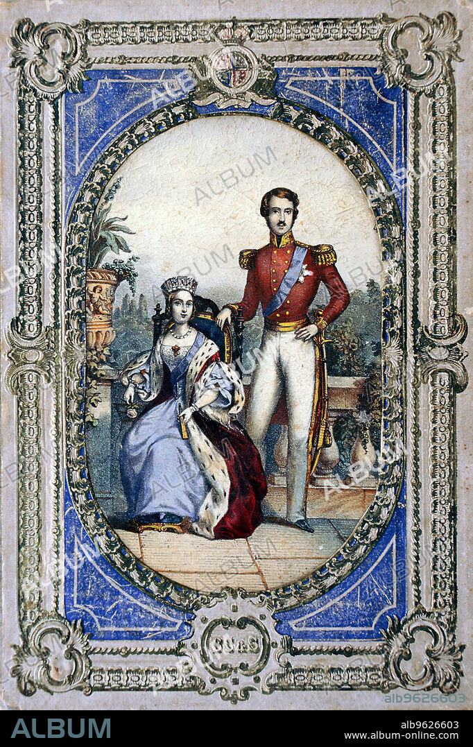 Queen Victoria and Prince Albert, c1840s. Victoria (1819-1901) and Albert (1819-1861) as a youthful married couple, both wearing the blue ribbon of the Order of the Garter. Prince Albert of Saxe-Coburg-Gotha married his first cousin, Queen Victoria, in 1840. In 1857 he was given the title Prince Consort and became the Queen's private advisor. He was interested in the arts, science and industry and planned the Great Exhibition of 1851. His death in 1861, from typhoid fever, was a crushing blow to Queen Victoria, who wore mourning dress for the remaining 40 years of her life.