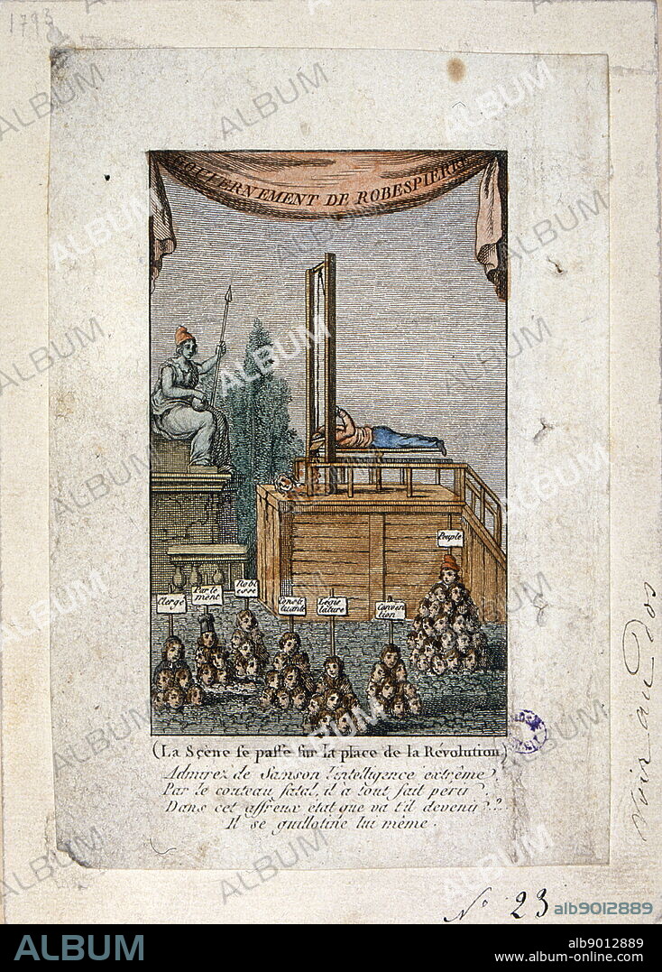 Coloured engraving depicting a guillotine with severed heads stacked under various headings.