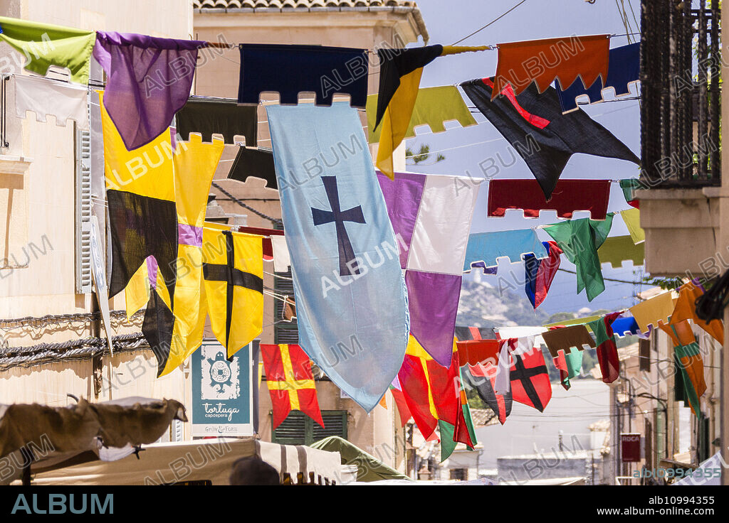 banners on the street, Capdepera Medieval Fair, Mercat Medieval, Capdepera, Mallorca, balearic islands, spain, europe.