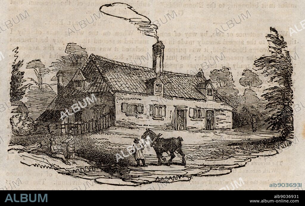 The birthplace of Robert Bloomfield (1766-1823) at Honington, Suffolk. Bloomfield, English farm labourer, shoemaker and poet, remembered now mainly as the author of 'The Farmer's Boy' (1800) a verse tale illustrated by Thomas Bewick. Woodcut from 'The Table Book' by William Hone (London, 1828).