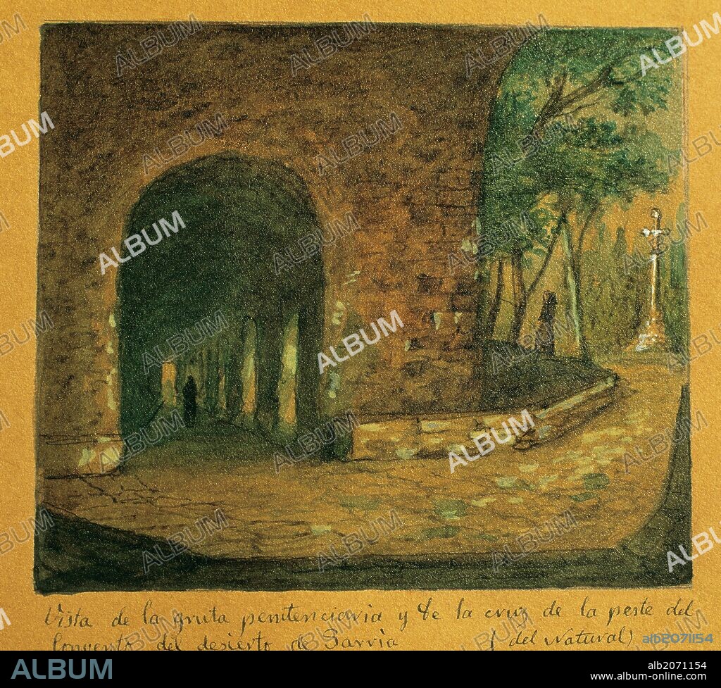 Barcelona. Sarria's Desert Monastery. Penance grotto and cross of the plague. Engraving, 19th century. Drawing of G. Mosteyrin. Museum of City History. Barcelona. Spain.
