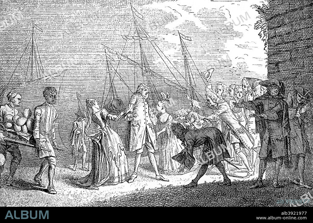'The Landing of Senesino', 1720. The Italian castrato opera singer (Francesco Bernardi, 1686-1758) arrives in England. Illustration from Social Caricature in the Eighteenth Century ... With over two hundred illustrations by George Paston [pseudonym of Emily Morse Symonds], (London, 1905).