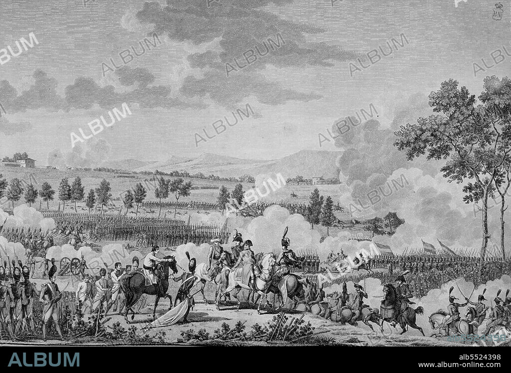 NAPOLEON I BONAPARTE. EMPERADOR DE FRANCIA 1768 - 1821. BATALLA DE MARENGO , POR LA QUE BONAPARTE DERROTA A LOS AUSTRIACOS EN EL AÑO 1800. GRABADO DE LA BIBLIOTGECA NACIONAL . MADRID.