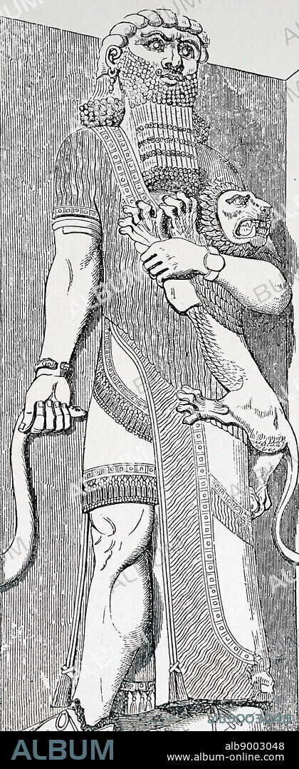 Engraving of a bas-relief depicting the great Assyrian hunter, Nimrod. Dated 19th Century.