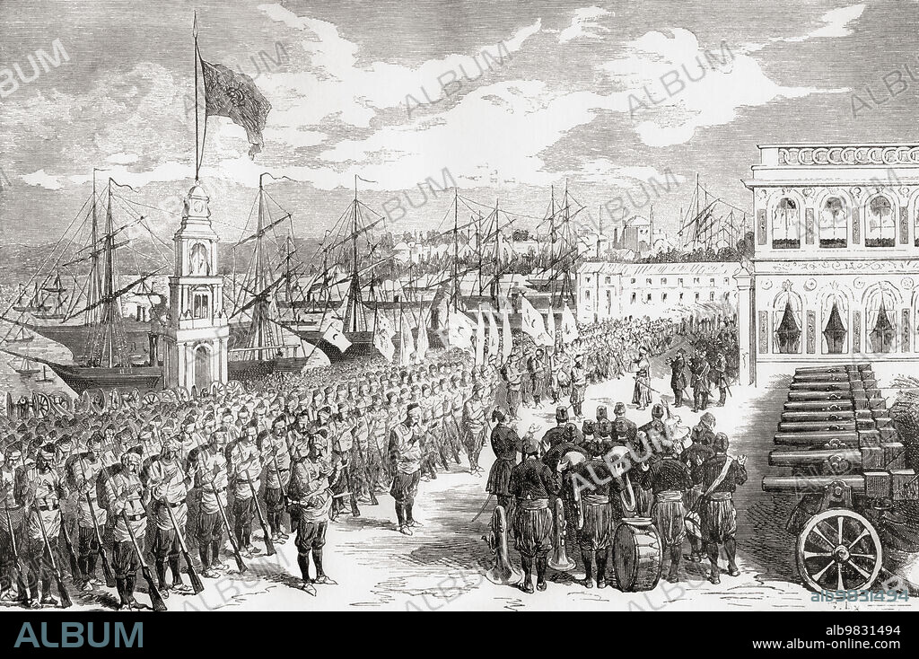 A slave auction in Richmond, Virginia, United States of America. From an illustration in the French magazine Le Monde Illustre, March 23, 1861. From an engraving by Bourcier after a work by Edmond Morin.