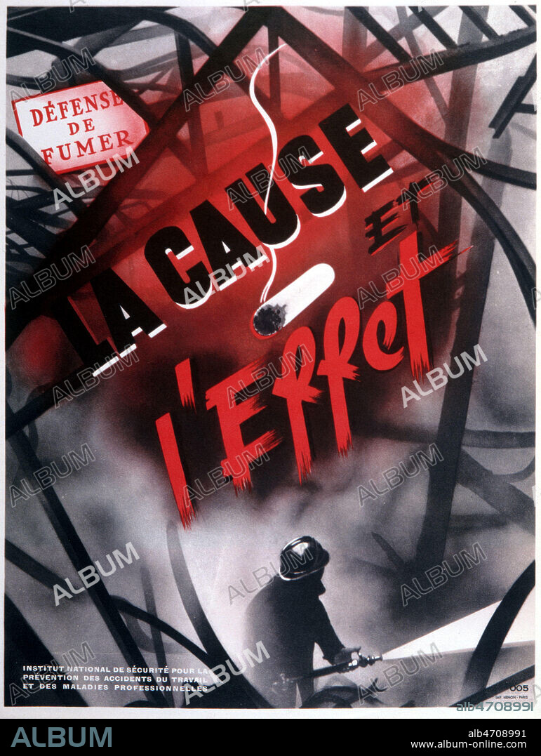 'Defense de fumer : la cause et l'effet' : explosion dans l'usine. Affiche preventive vers 1950. Credit : Collection KHARBINE-TAPABOR.