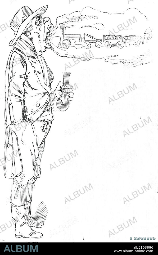 John Bull, with open mouth, is ready to swallow any quantity of Railroad, 1845. Illustration to a story by Alfred Crowquill, a satire on 'Railway Mania' - the obsession with speculation and investment in the railways, a recent innovation in Britain at the time. John Bull, the personification of England, swallows a steam locomotive. 'From "Illustrated London News", 1845, Vol VII.