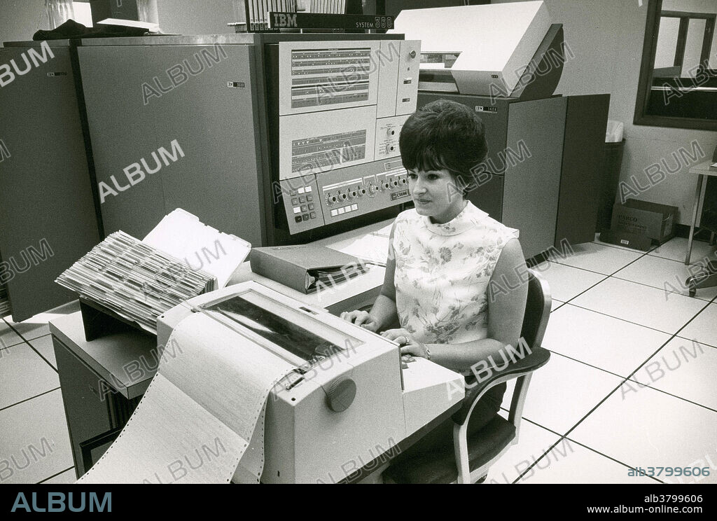 Historic image of an early mainframe computer system, the IBM 360, which was released in 1964. An IBM 360 computer is used at the Atlanta headquarters of the Atlantic Steel Company to issue payroll, keep track of inventory, and maintain quality control. Atlantic Steel is the south's largest steel company, and makes over 65 different products,.