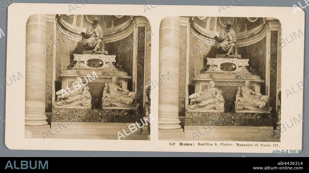 Tomb of Pope Paul III in St. Peter's Basilica in Vatican City Roma: Basilica S. Pietro: Mausoleo di Paolo III (title on object), grave, tomb, interior of church, Neue Photographische Gesellschaft (mentioned on object), Sint-Pietersbasiliek, c. 1900 - c. 1910, cardboard, photographic paper, gelatin silver print, h 88 mm × w 179 mm.
