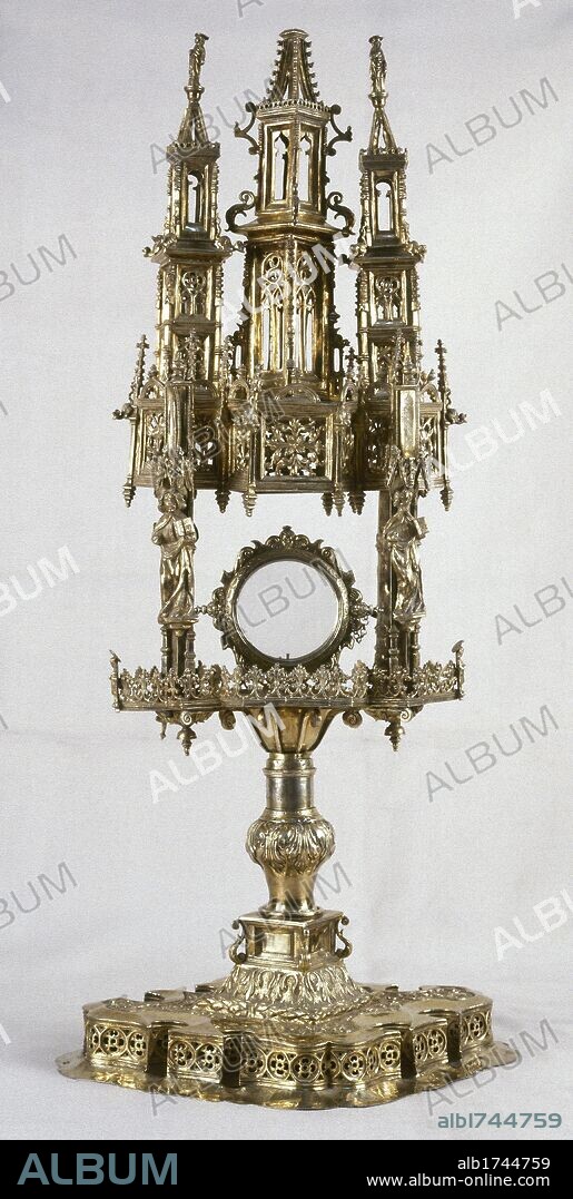 ARTE GOTICO. ESPAÑA. OSTENSORIO-RETABLO (c. primer cuarto del s. XVI) de plata sobredorada. Obra de tipología gótica tradicional con ornamentación tardo-gótica que introduce elementos renacentistas en el nudo del eje vertical. Iglesia parroquial de San Juan Bautista. Horta de Sant Joan. Provincia de Tarragona. Cataluña.
