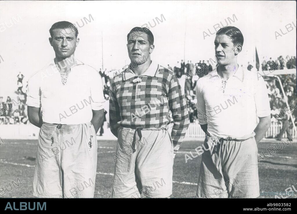 8 septiembre 1935. El trío defensivo del Zaragoza F.C.  En la época de Los "Alifantes": de Izqda. A Dcha., Prudencio Gómez, Andrés Lerín y Pedro Alonso en un encuentro del campeonato Mancomunado o Superregional frente al  Madrid en el viejo Chamartín.