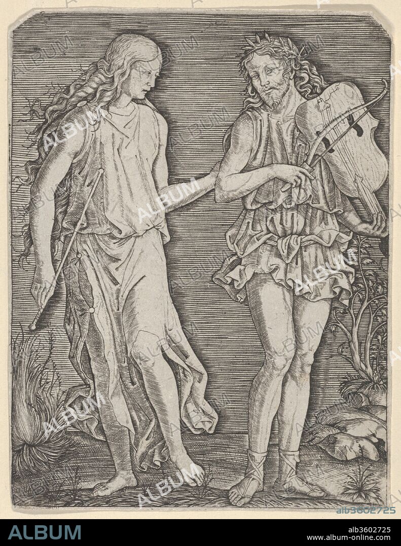 DIT MARC-ANTOINE MARCANTONIO RAIMONDI et AFTER? FRANCESCO FRANCIA. Orpheus and Eurydice. Artist: Marcantonio Raimondi (Italian, Argini (?) ca. 1480-before 1534 Bologna (?)); After? Francesco Francia (Italian, Bologna ca. 1447-1517 Bologna). Dimensions: 5 1/16 x 3 7/8in. (12.9 x 9.8cm). Date: ca. 1500-1506.
Marcantonio depicts the famed musician Orpheus (son of Apollo and the Muse Calliope) and his beloved Eurydice, who on their wedding day had been fatally bitten by a snake. The inconsolable groom descended to Hades, land of the dead, where his singing and lyre so charmed Pluto and Proserpina that he was allowed to lead Eurydice out of the Underworld. The moment shown may be when Eurydice, 'limping a little, from her late wound', as related by Ovid in his narrative poem 'Metamorphoses', was returned to Orpheus (Metamorphoses10.49).