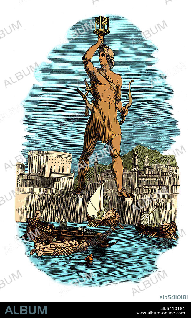 The Colossus of Rhodes, an enormous bronze statue of the Greek sun god Helios, was one of the Seven Wonders of the Ancient World and stood at the entrance to the harbor at Rhodes. The statue, completed in 282 BC, was 33 meters tall. It was destroyed 56 years later in an earthquake. Illustration from The Seven Wonders of the World by Theodore Alois Buckley, 1854. Color enhanced.