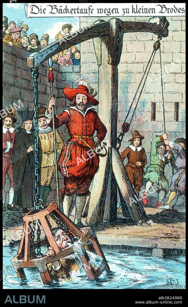 German postcard depicting medieval punishment 0f the ducking-stool on a baker accused of making his loaves too small. Ducking stools were chairs formerly used for punishment of disorderly women, scolds, and dishonest tradesmen. An instrument of public humiliation and censure. Ernest Nister (1841-1906) was a publisher and printer of movable books for children and paper ephemera such as greeting cards, post cards, and calendars. He refined the techniques used in the design of magic windows, dissolving picture, and pop-up books, publishing them from his firm based in Nuremberg, a toy-making center of the 19th century. Reprinting, Nuremberg, 1910.