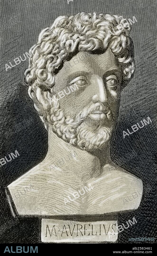 JUAN SERRA Y PAUSAS. Marcus Aurelius (121-180 AD). Roman Emperor from 161 to 180.  Engraving by J. Serra Pausas. Historia de Espana, 1882. Colored.