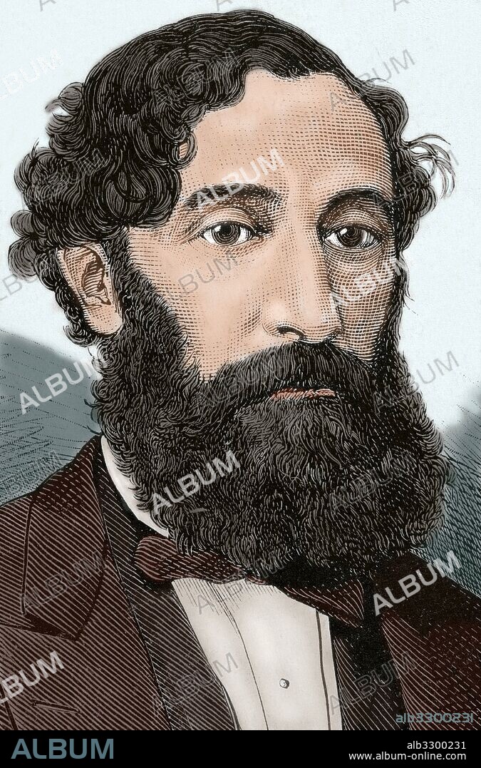 BARTOLOME MITRE (1821-1906). Político, militar, historiador, escritor y periodista argentino. Retrato. Grabado del siglo XIX. Coloreado.