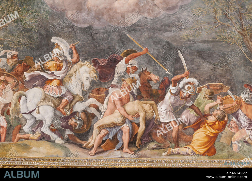 Mantua, Palazzo Ducale (Gonzaga's residence); Sala di Troia (Chamber of Troy): Ajax protects Patroclus's corpse during the battle of Troy. Frescoes by Giulio Romano and his assistants (1538 - 1539).