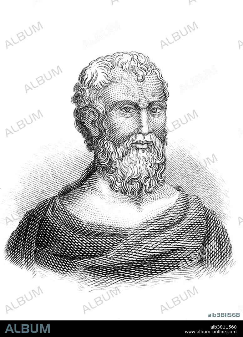 Zeno of Citium (334 - 262 BC) was an Ancient Greek philosopher. He was the founder of the Stoic school of philosophy. Based on the moral ideas of the Cynics, Stoicism laid great emphasis on goodness and peace of mind gained from living a life of Virtue in accordance with Nature. It flourished as the dominant philosophy from the Hellenistic period through to the Roman era. He divided philosophy into three parts: Logic (rhetoric, grammar, and the theories of perception and thought); Physics (not just science, but the divine nature of the universe); and Ethics, the end goal of which was to achieve happiness through the right way of living according to Nature. He died around 262 BC. Laertius reports about his death: As he was leaving the school he tripped and fell, breaking his toe. Striking the ground with his fist, he quoted the line from the Niobe: "I come, I come, why dost thou call for me?" and died on the spot through holding his breath. Engraving by J.W. Cook, 1825.