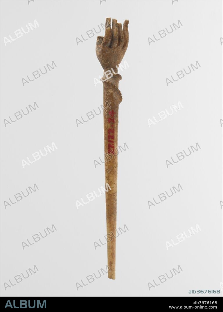 Bone hairpin. Culture: Greek or Roman. Dimensions: H.: 5 3/8 in. (13.7 cm). Date: ca. 1st century B.C.-1st century A.D..
The head of the pin is shaped like a hand.