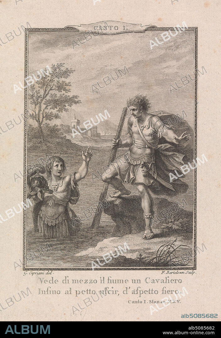 A Plate from Orlando Furioso: Vede di mezzo il fiume un cavaliero / Insino al petto uscir, d'aspetto fiero, Francesco Bartolozzi RA, 17281815, Italian, active in Britain (176499), after Giovanni Battista Cipriani RA, 17271785, Italian, active in Britain (1755-85), 1773, Engraving.