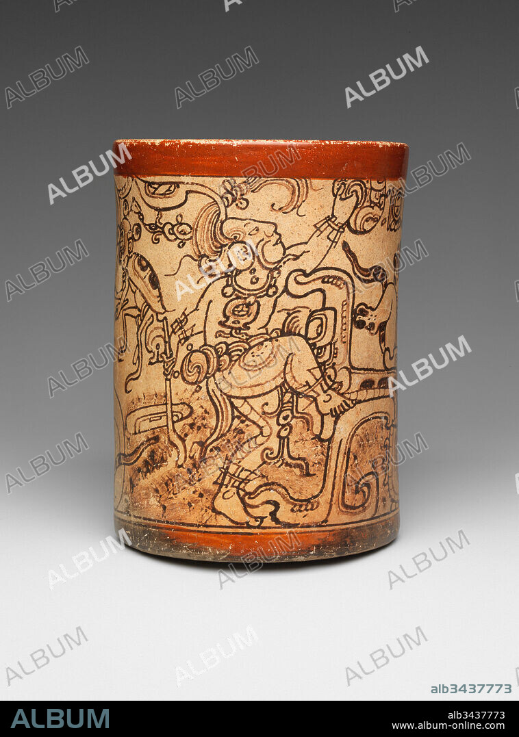 Vessel, Mythological Scene, 7th–8th century, Guatemala, Mesoamerica, Maya, Ceramic, H. 5 1/2 x Diam. 4 1/2 in. (14 x 11.4 cm), Ceramics-Containers, This cylindrical drinking cup is the magnum opus of the Maya vase painter. It contains one of the finest extant deity portraits from the Classic Maya corpus. The young rain god, named Chahk, poses mid-stride, lifting off his left foot and extending the right leg in front of him, gracefully pointing his toes.
