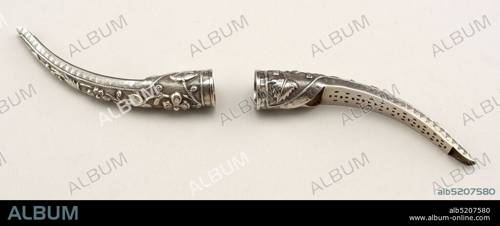 Fingernail guard, Silver, Curved, tapering ornaments with chased floral decoration, and pierced work on reverse., China, 19th century, jewelry, Decorative Arts, Fingernail guard.