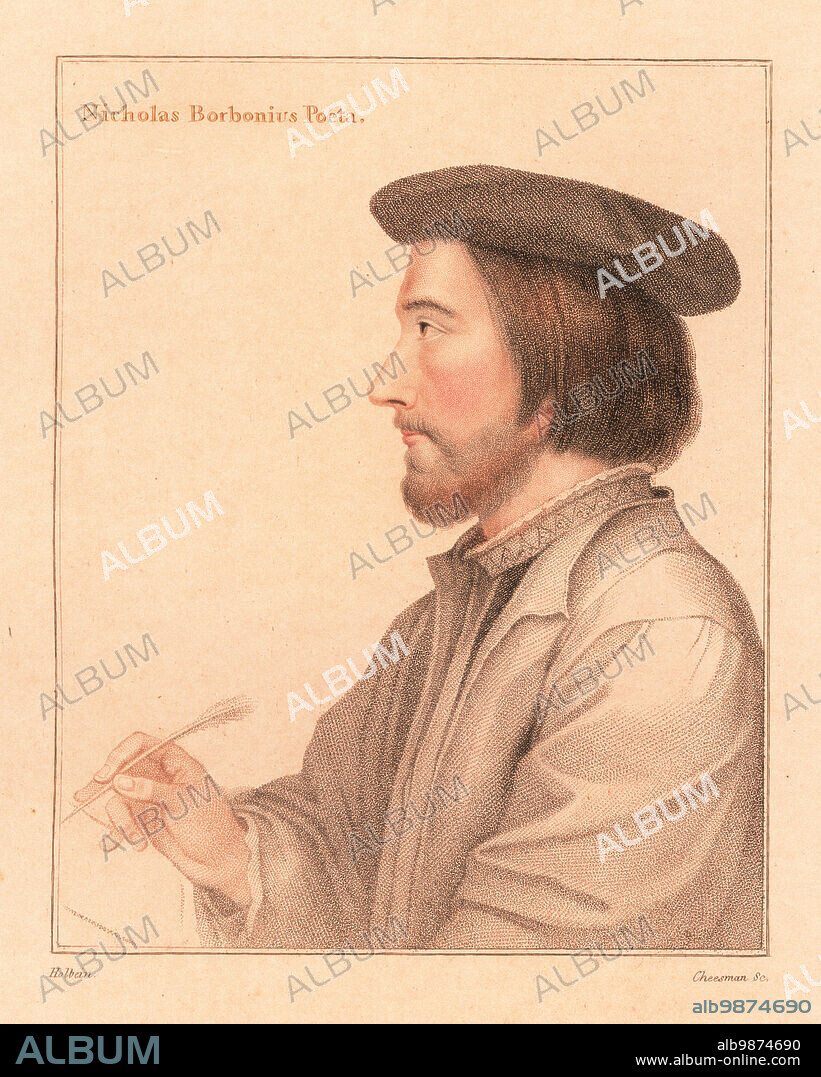 Nicholas Borbonius or Bourbon, Latin poet of middling fame, tutor to Joan d'Albret, daughter of Margaret Queen of Navarre, 1503-c.1550. Nicholas Borbonius Poeta. Handcoloured copperplate stipple engraving by Thomas Cheesman after a portrait by Hans Holbein the Younger on pink paper from Imitations of Original Drawings by Hans Holbein, John Chamberlaine, London, 1812.